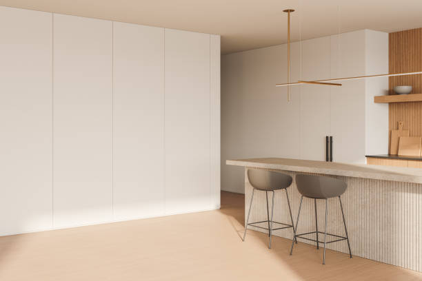 istock Minimalist kitchen interior with modern furniture and an empty wall for mockup. 3D Rendering 2191824295