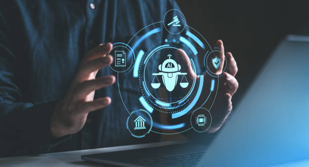 istock Man hands holding ai and scales hologram, artificial intelligence in law concept 2191824330