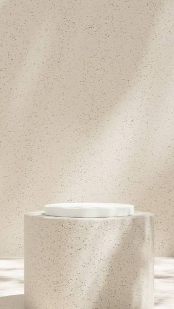 istock Minimal mockup scene showcasing a landscape-style podium with a ceramic texture, soft shadows, and abstract geometric platforms, designed for displaying merchandise. 2191827856