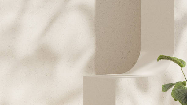 istock Minimal mockup scene showcasing a landscape-style podium with a ceramic texture, soft shadows, and abstract geometric platforms, designed for displaying merchandise. 2191827862