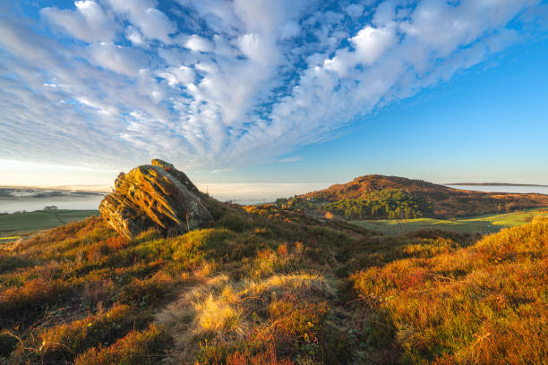 Hen Cloud winter cloud inversion sunrise in the Staffordshire Peak District.