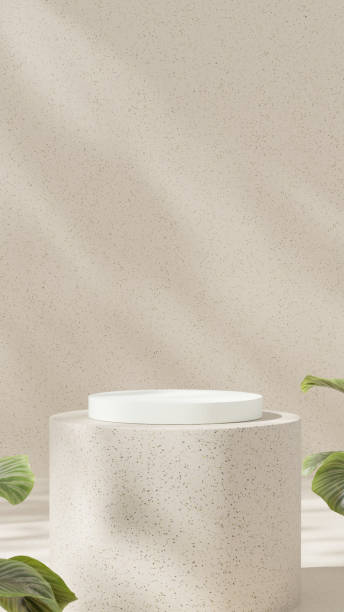 istock Minimal mockup scene showcasing a portrait-style podium with a ceramic texture, soft shadows, and abstract geometric platforms, designed for displaying merchandise. 2191837843