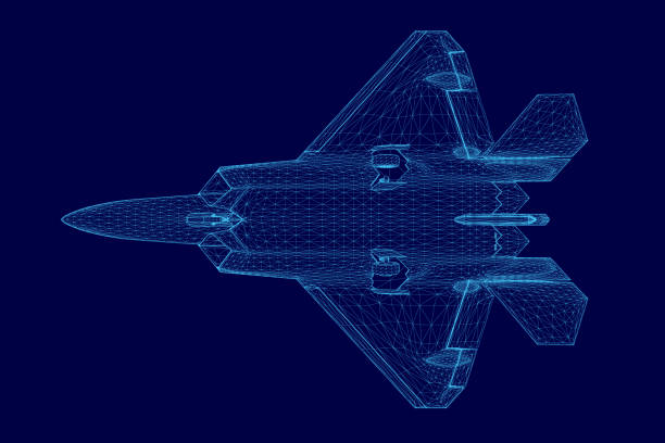 istock Blue jet is shown in a wireframe image. The jet is a fighter jet and is shown in a very detailed and realistic manner. Concept of power and strength 2191838400