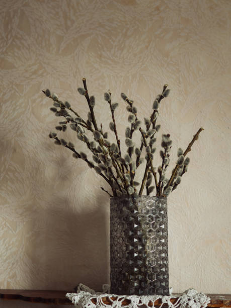 A simple yet elegant arrangement of pussy willow stems displayed in a textured vase on a white crochet napkin, set against a soft neutral background. The muted tones and minimalist design emphasize the natural beauty of the branche.