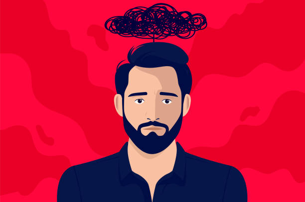 Male depression Depressed man with sad face and dark cloud hanging over head. Negative thoughts and mental health issues concept vector illustration hopelessness stock illustrations