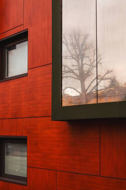 Modern building facade with reflective glass and wooden panels, capturing a tree reflection.