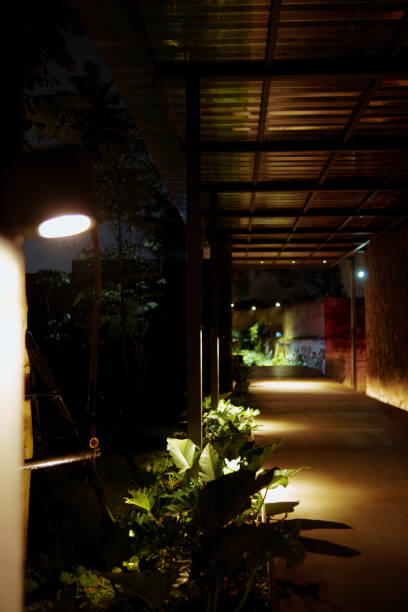 istock a dimly lit walkway at night with plants and flickering light 2191852674