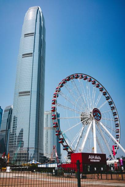 Hongkong, China – February 26, 2023: The Ferris wheel stands tall by Victoria Harbour, offering stunning views of Hong Kong.