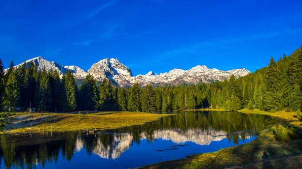 istock Mountain landscape with clear sky and lake reflection 2191857155
