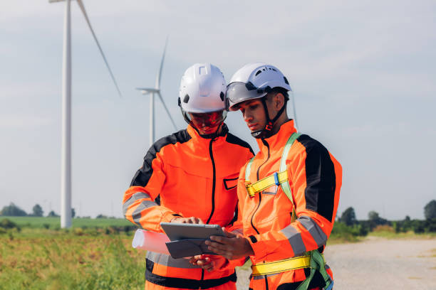 istock Survey Team Alternative energy for future. Engineers survey and checking wind turbines in sunset. Wind Turbine Renewable energy technology and sustainability. 2191857669