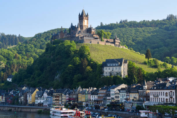 Cochem, Germany - May 18 2018: a view of Cochem castle and town.