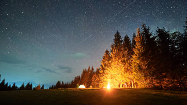 istock Campfire glows warmly beside several illuminated tents on grassy clearing under star-filled sky. 2191868174