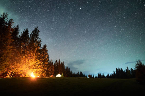 istock Campfire glows warmly beside several illuminated tents on grassy clearing under star-filled sky. 2191868181
