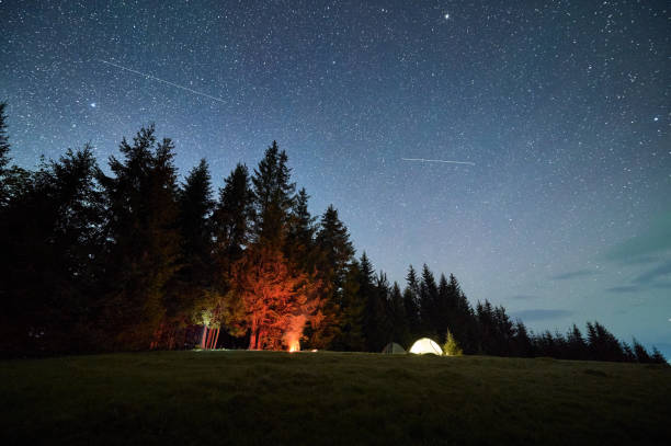 istock Illuminated tent and glowing campfire create warm ambiance on grassy clearing under starry sky. 2191868185