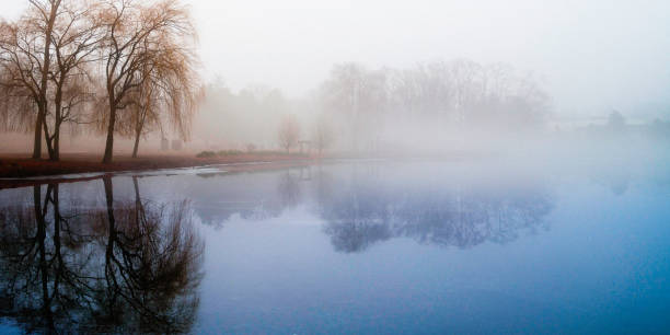 Foggy winter landscape with trees in the mist and snow-covered ice  over the lake in New Haven, Connecticut, USA