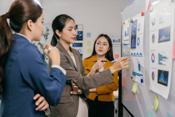 istock Three young asian businesswomen are discussing and analyzing charts and graphs on a whiteboard during a productive office meeting, demonstrating teamwork and collaboration 2191871019