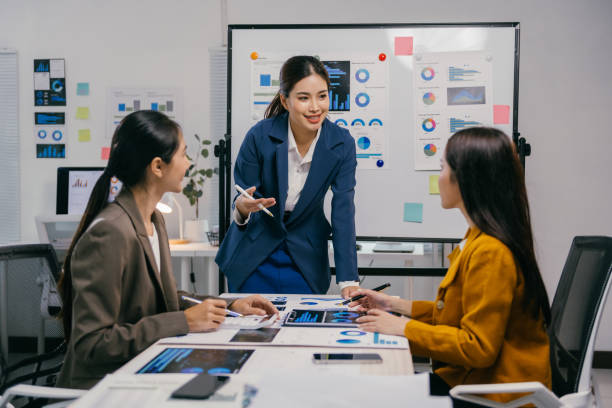 istock Three young asian businesswomen are discussing strategy in a modern office, analyzing charts and reports, working together to achieve success 2191871610