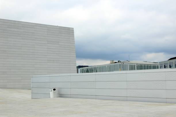 Modern Minimalist Architecture Featuring White Geometric Walls and Urban Skyline Under a Cloudy Sky. High quality photo