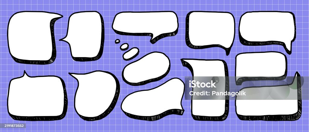 A collection of comic book-style speech bubbles on blue grid background. Doodle design elements of various shapes. Graphic novel stock vector A collection of comic book-style speech bubbles on blue grid background. Doodle design elements of various shapes. Graphic novel stock vector