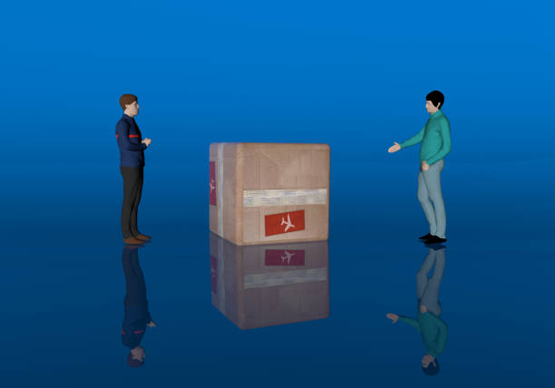 Fast online delivery service package, two men on a blue background with a cardboard box, 3d illustration