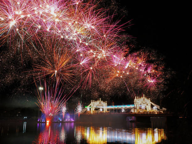 istock Beautiful firework display on celebration night, showing on the river 2191909118