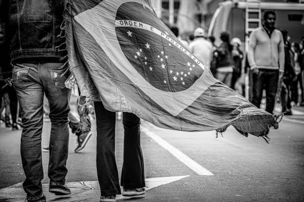 The Brazilian flag with a person along Brazilian politics protests