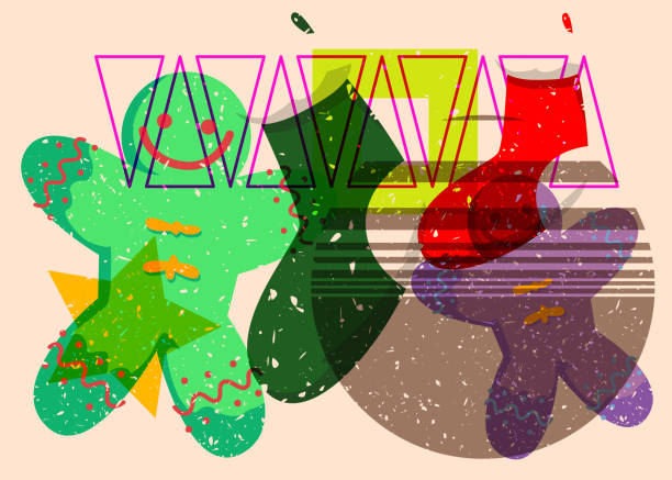 istock Risograph Christmas stocking and Gingerbread Man Cookie with geometric shapes. Objects in trendy riso graph print texture style design with geometry elements. 2191919115