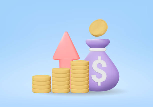 istock Vector rendering illustration of finance concept icon economic growth or investment, with a purple money bag with a dollar sign Golden coins piled up in layers and a red arrow pointing up 2191921202