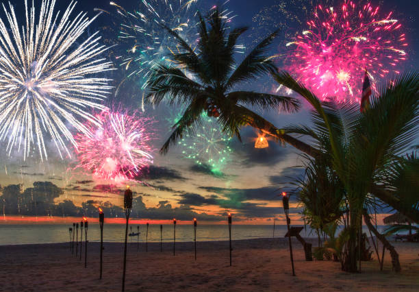 New year fireworks display on the tropical beach in Thailand