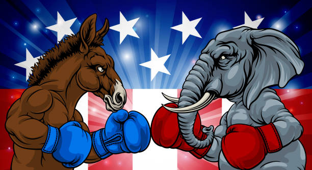 Republican Democrat Elephant Donkey Election Republican and democrat elephant and donkey facing off American election party politics concept republican elephant logo stock illustrations