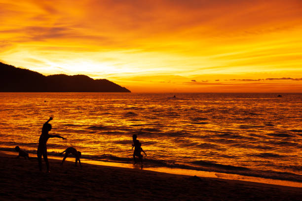 Silhouette of kids playing by the beach