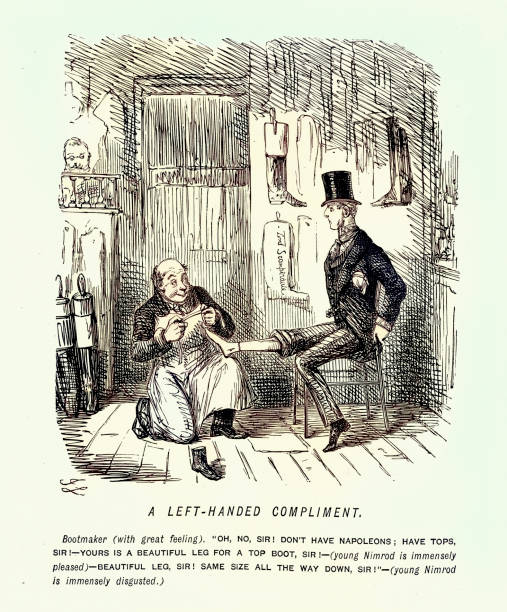 Bootmaker and his customer, Left handed compliment, Victorian cartoon by John Leech, 19th Century humour, Vintage illustration