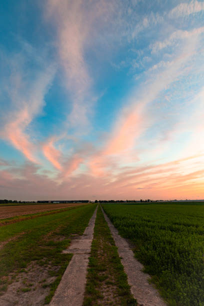 istock Pink clouds above a country road 2191952555