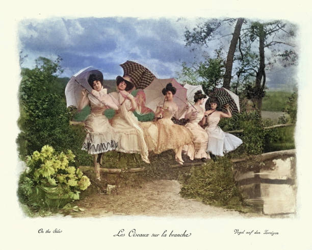istock Victorian women with parasols sitting on a fence, Composite photograph 2191963937