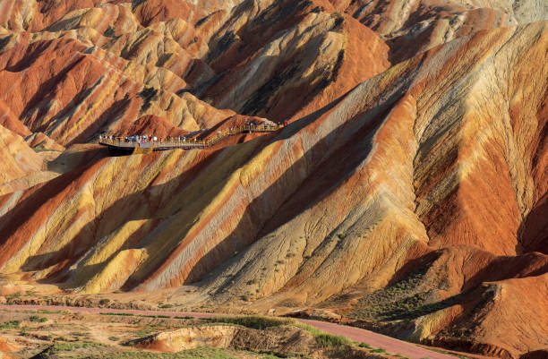 Under the clear sky, the colorful Danxia landforms