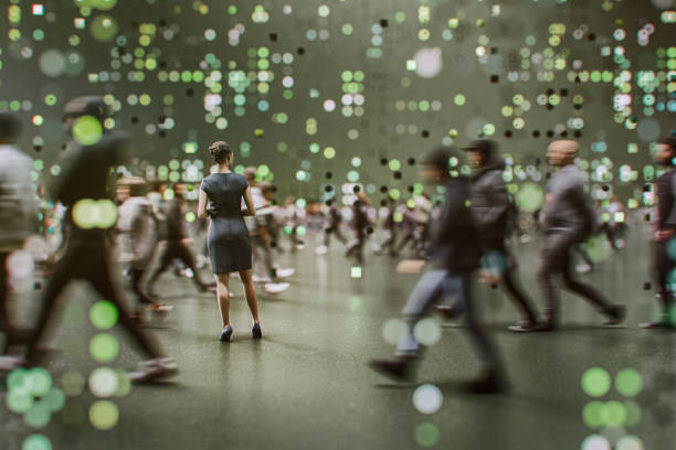 Businesswoman in VR environment watching people in motion