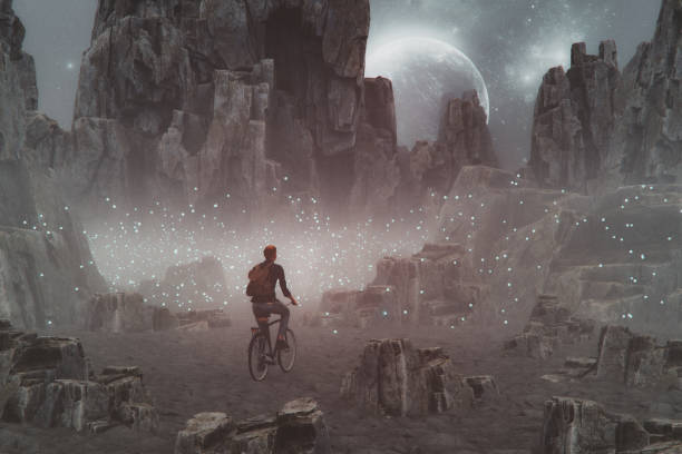 istock Man cycling in fantasy landscape 2191969492