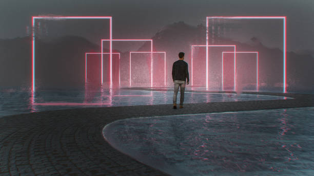 Young man walking in fantasy landscape