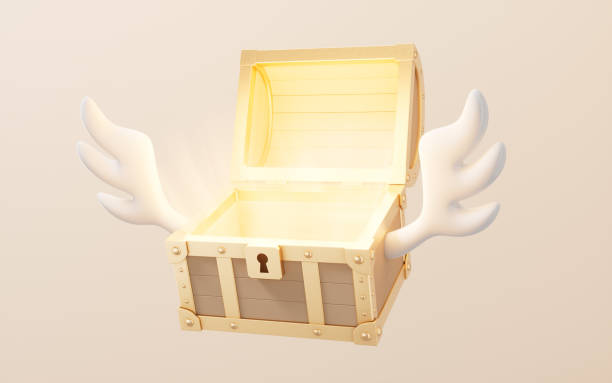 Retro treasure box and flying wings, 3d rendering. 3D illustration.