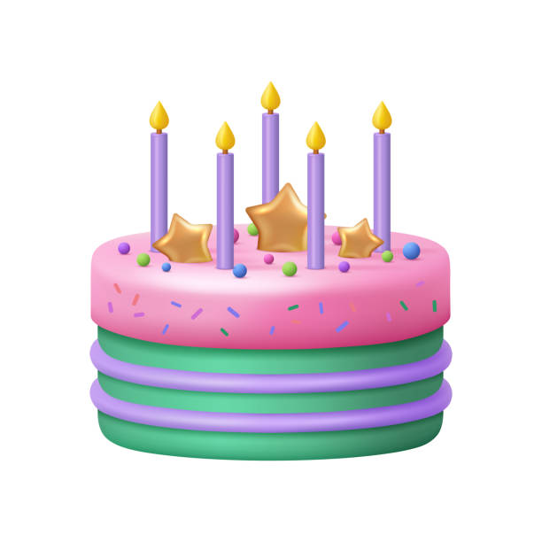 istock Sweet dessert for celebrating birthday holiday. Vector isolated cake with burning candles, stars and beads, chocolate sprinkles and mousse or melting icing on top. Bakery shop assortment 2191982387