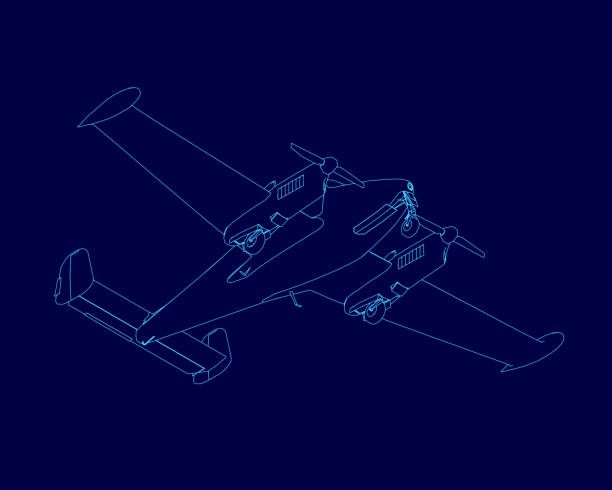 istock Blue airplane is drawn in blue. The airplane is a biplane with two engines. The airplane is in the air and is flying 2191990845