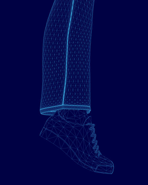 istock Blue image of a leg with a shoe on it. The leg is shown in a 3D format, with the shoe and leg appearing to be made of a digital material. The image has a futuristic 2191993259