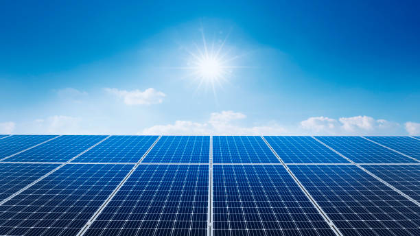 Photovoltaic solar power panel on blue sky ,green clean alternative energy. environmentally friendly. Clean energy and environment.