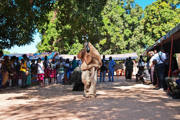 Ziguinchor, Senegal - 29 Dec 2021: Kumpo dance with masks in Senegal, West Africa