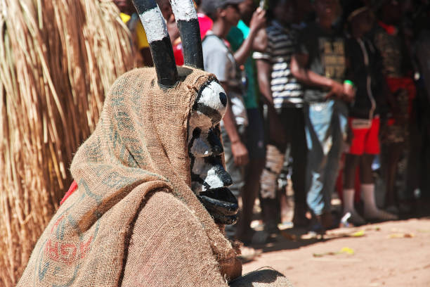 Ziguinchor, Senegal - 29 Dec 2021: Kumpo dance with masks in Senegal, West Africa