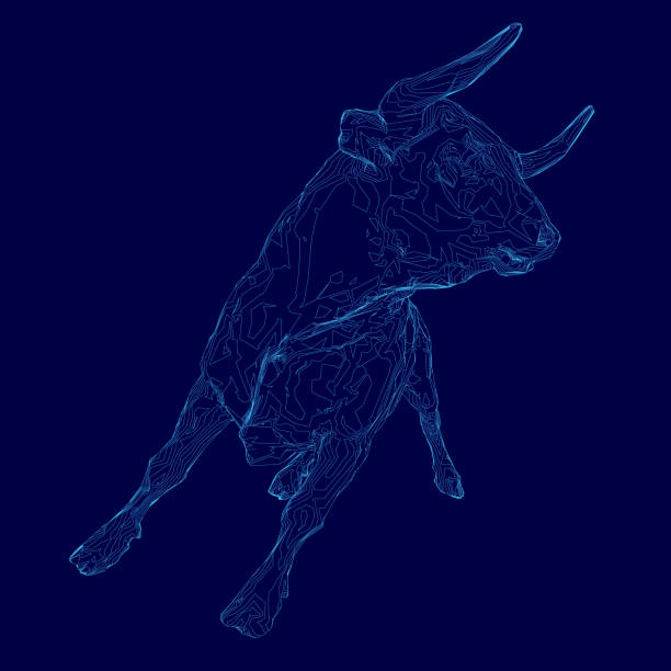 istock Blue background with a bull in the foreground. The bull is jumping and has horns. The image has a futuristic feel to it 2192001240