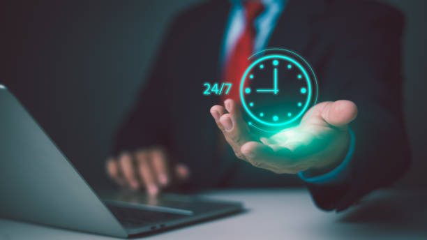 istock work 24hour and 7 day icon virtual screen hologram, 24hour open, 24 hour payment online banking, shopping, transection online service server cloud running. 2192003737