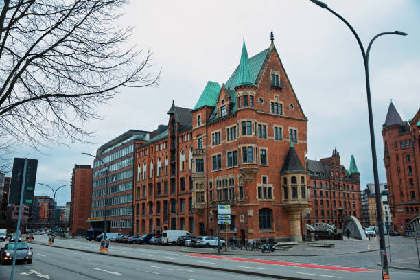 Historic UNESCO World Heritage Site of Speicherstadt with old buildings of warehouse district during day in Hamburg, Germany, Europe.