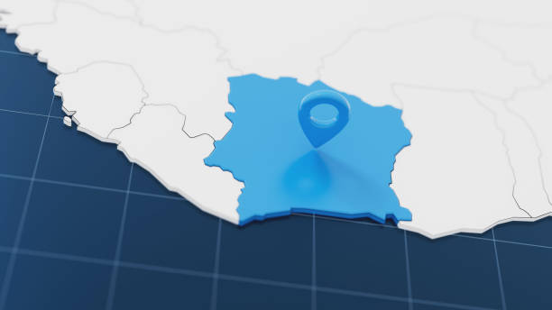 Blue Cote D'Ivore 3d map with pointer pin surrounded with other countries in white. Europe political map with borders. 3d render illustration.