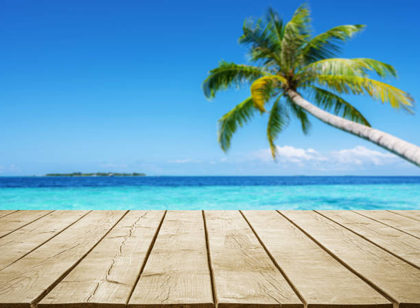 istock Empty wooden table top with beautiful tropical turquoise sea and coconut palm tree background 2192017126